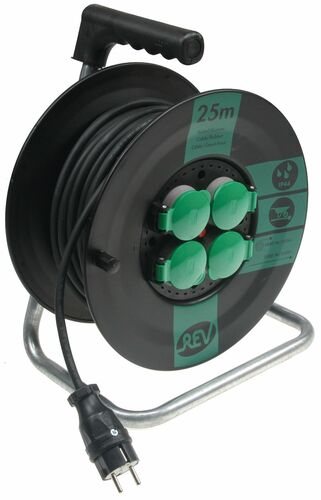 Kunststoff-Kabeltrommel, 25m Kabel, IP44 H05RR-F 3G1,5mm�, schwarze Gummileitung