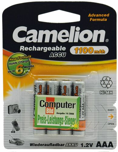 Micro-Akkus CAMELION Ni-MH, 1100mA Typ AAA, 1,2V, 4er-Pack