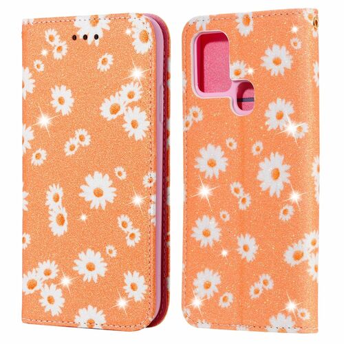 Samsung Galaxy A21s Tasche Handy H�lle Schutz Cover mit Kartenfach Glitzer Orange