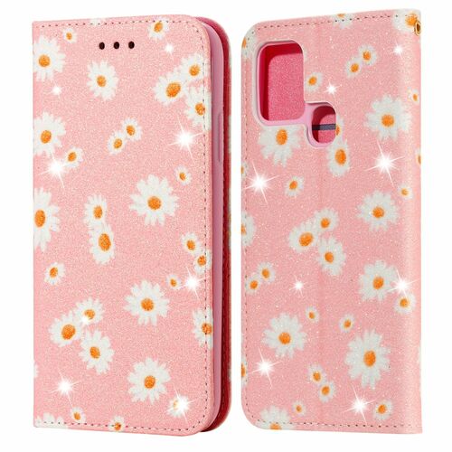 Samsung Galaxy A21s Tasche Handy H�lle Schutz Cover mit Kartenfach Glitzer Rosa