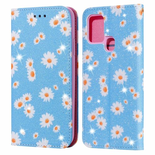 Samsung Galaxy A21s Tasche Handy H�lle Schutz Cover mit Kartenfach Glitzer Blau