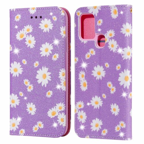 Samsung Galaxy A21s Tasche Handy H�lle Schutz Cover mit Kartenfach Glitzer Violett