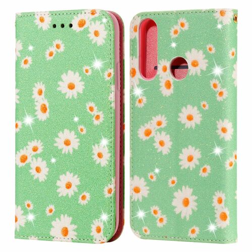 Huawei Y6p Tasche Handy H�lle Schutz Cover mit Kartenfach Glitzer Gr�n