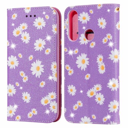 Huawei Y6p Tasche Handy H�lle Schutz Cover mit Kartenfach Glitzer Violett