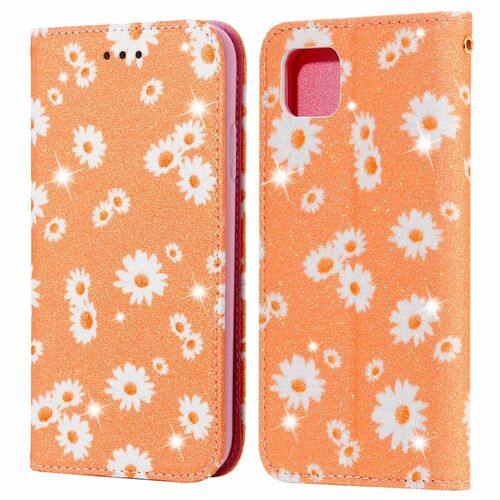 Huawei Y5p Tasche Handy H�lle Schutz Cover mit Kartenfach Glitzer Orange