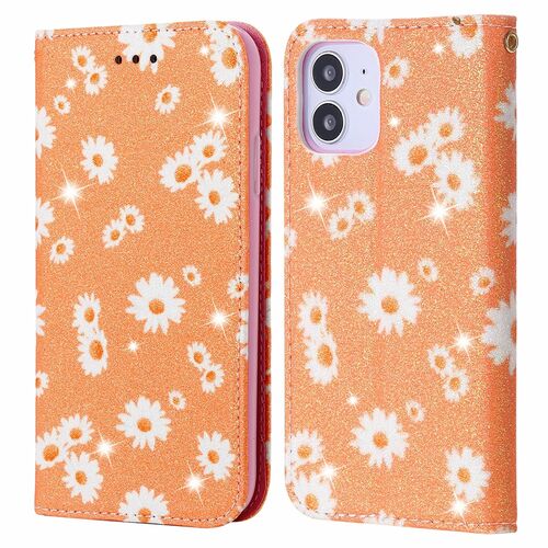Apple iPhone 12 mini Tasche Handy H�lle Schutz Cover mit Kartenfach Glitzer Orange