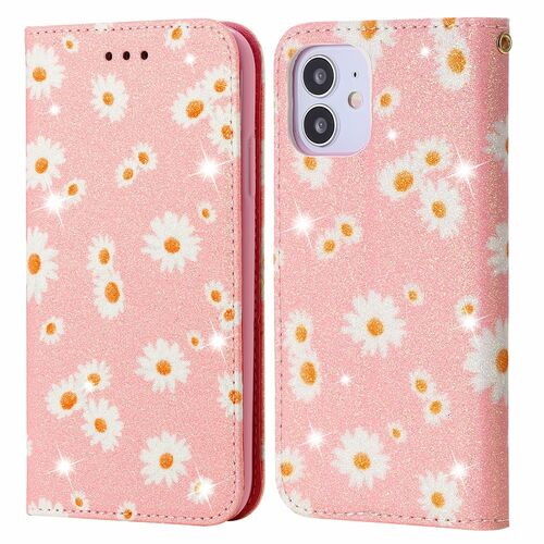 Apple iPhone 12 mini Tasche Handy Hlle Schutz Cover mit Kartenfach Glitzer Rosa