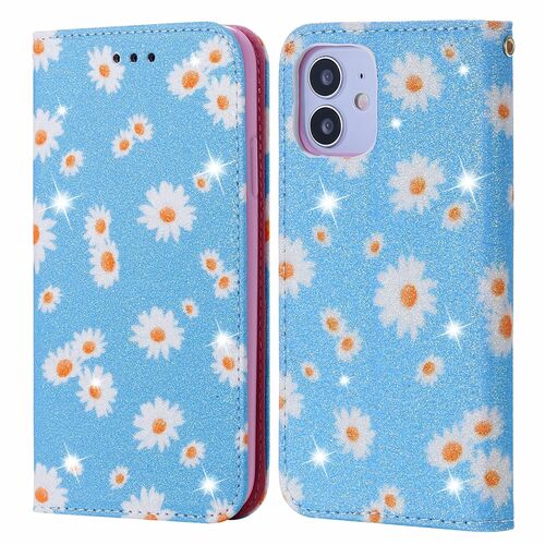 Apple iPhone 12 mini Tasche Handy H�lle Schutz Cover mit Kartenfach Glitzer Blau