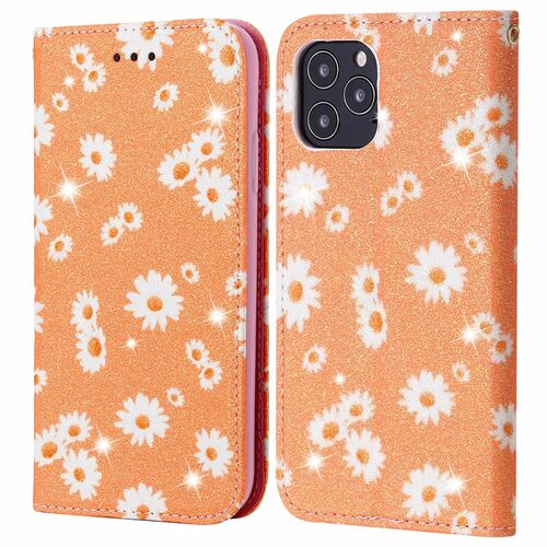 Apple iPhone 12 / 12 Pro Tasche Handy H�lle Schutz Cover mit Kartenfach Glitzer Orange
