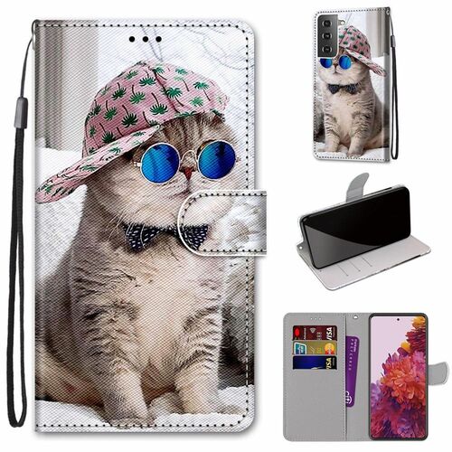 Samsung Galaxy S21 Tasche Handy H�lle Schutz-Cover Flip-Case mit Kartenfach Katze