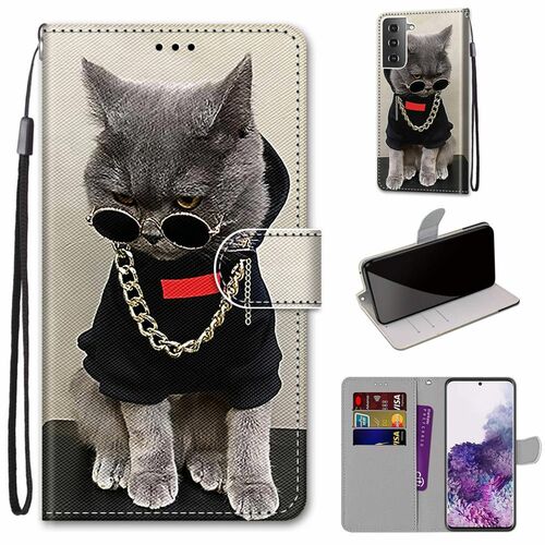 Samsung Galaxy S21 Plus Tasche Handy H�lle Schutz-Cover Flip-Case mit Kartenfach Katze