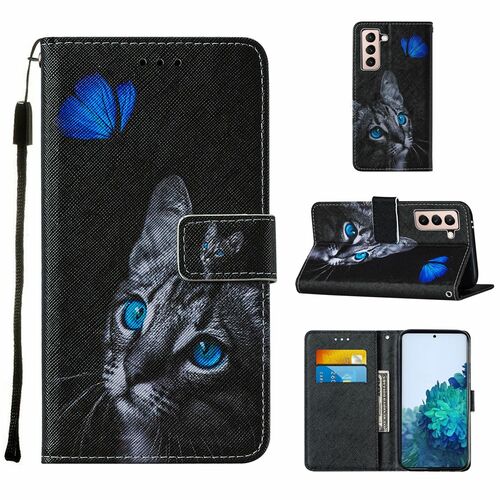 Samsung Galaxy S21 Plus Tasche Handy H�lle Schutz-Cover Flip-Case mit Kartenfach Katze Schwarz