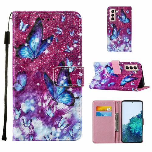 Samsung Galaxy S21 Tasche Handy H�lle Schutz-Cover Flip-Case mit Kartenfach Schmetterlinge Violett