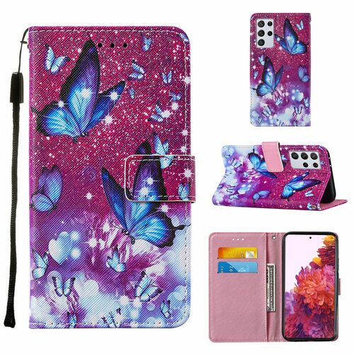 Samsung Galaxy S21 Ultra Tasche Handy H�lle Schutz-Cover Flip-Case mit Kartenfach Schmetterlinge Violett