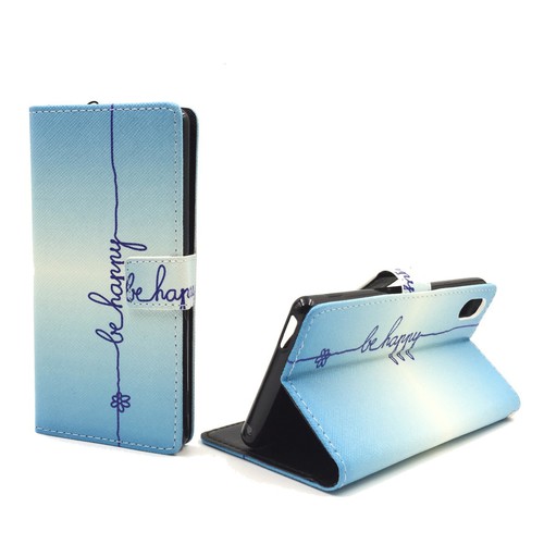 Handyhlle Tasche fr Handy Sony Xperia M4 Aqua Schriftzug Be Happy Blau