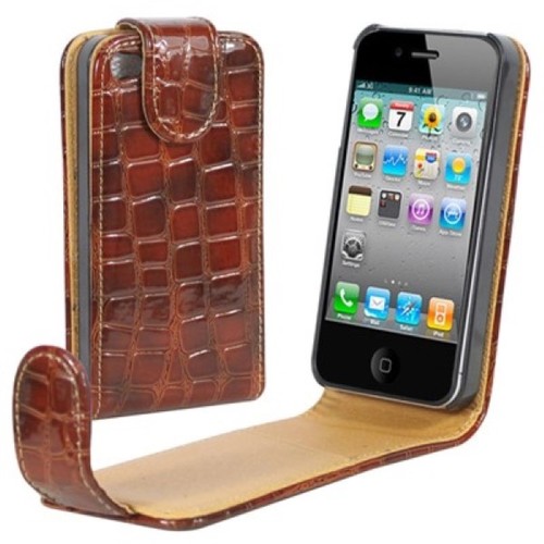  Handy Tasche Flip Krokodil Optik f�r Case Handy iPhone 4 4S Braun