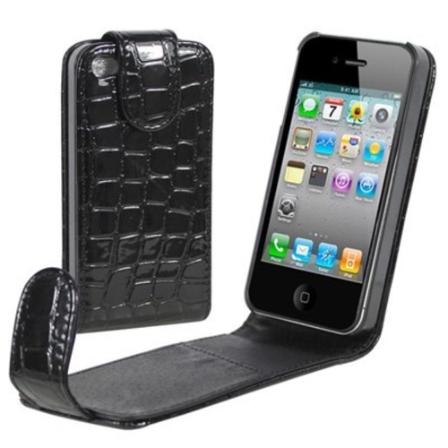 Handy Tasche Flip Krokodil Optik f�r Handy iPhone 4 / 4s Schwarz