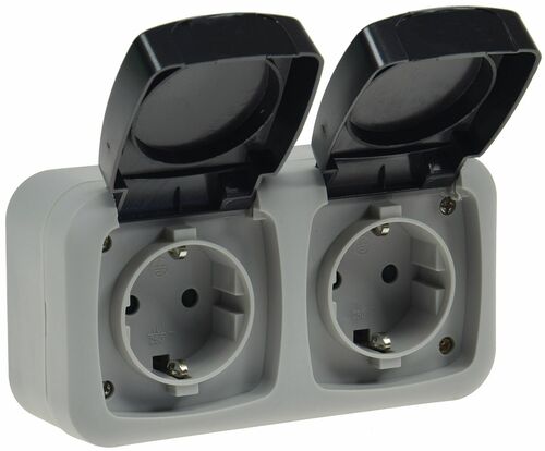 Feuchtraum Steckdose, IP44 250V~/ 16A, inkl. AP-Rahmen, grau