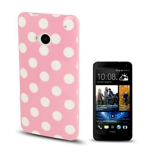 Schutzh�lle TPU Case f�r Handy HTC One M7 Rosa / Wei�e Punkte