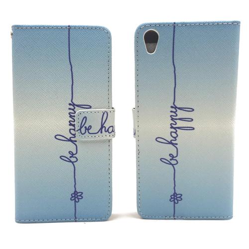 Handyh�lle Tasche f�r Handy Sony Xperia XA Schriftzug Be Happy Blau