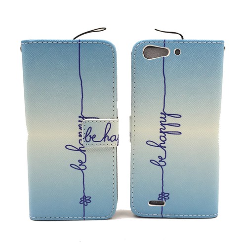  Handyh�lle Tasche f�r Case Handy ZTE Blade V6 Schriftzug Be Happy Blau