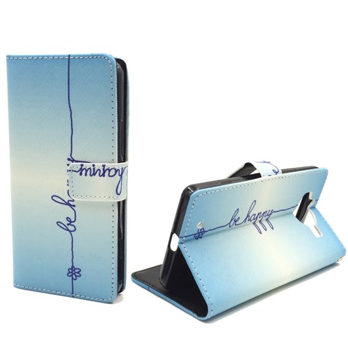 Handyh�lle Tasche f�r Handy Microsoft Lumia 950 Schriftzug Be Happy Blau