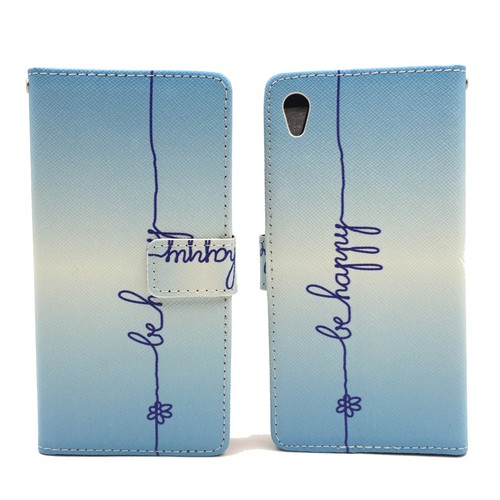 Handyh�lle Tasche f�r Handy Sony Xperia Z5 Premium Schriftzug Be Happy Blau