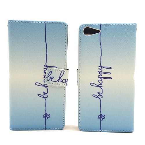 Handyh�lle Tasche f�r Handy Wiko Highway Star  Schriftzug Be Happy Blau