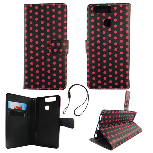 Handyh�lle Tasche f�r Handy Huawei P9 Polka Dot Schwarz Pink