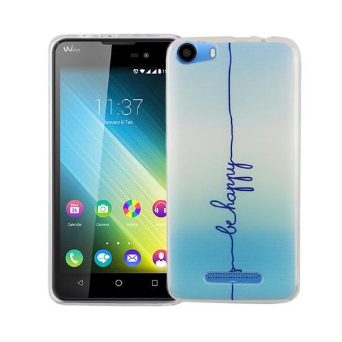 Handy H�lle f�r Wiko Lenny 2 Cover Case Schutz Tasche Motiv Slim Silikon TPU Schriftzug Be Happy Blau