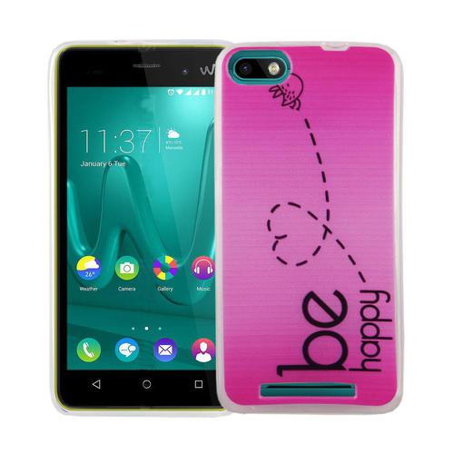 Handy Hlle fr Wiko Lenny 3 Cover Case Schutz Tasche Motiv Slim Silikon TPU Be Happy Pink