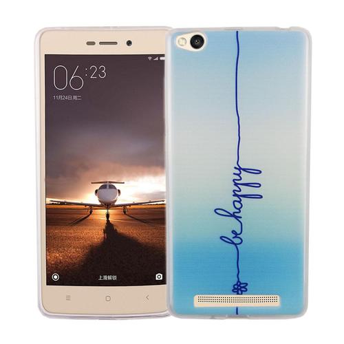 Handy H�lle f�r Xiaomi Redmi 3 Cover Case Schutz Tasche Motiv Slim Silikon TPU Schriftzug Be Happy Blau