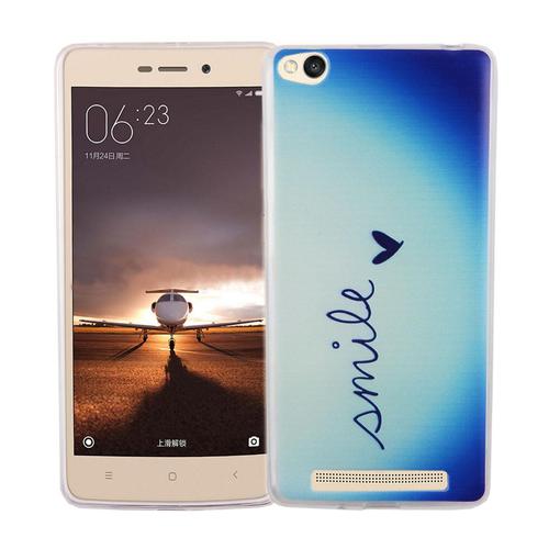Handy H�lle f�r Xiaomi Redmi 3 Cover Case Schutz Tasche Motiv Slim Silikon TPU Schriftzug Smile Blau