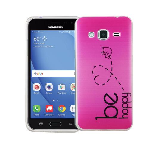 Handy H�lle f�r Samsung Galaxy J3 Cover Case Schutz Tasche Motiv Slim Silikon TPU Be Happy Pink