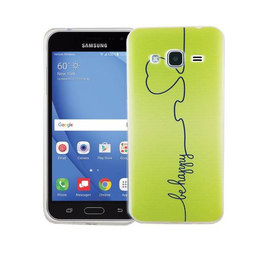 Handy H�lle f�r Samsung Galaxy J3 Cover Case Schutz Tasche Motiv Slim Silikon TPU Be Happy Gr�n