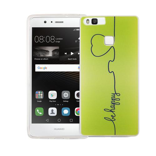 Handy H�lle f�r Huawei P9 Cover Case Schutz Tasche Motiv Slim Silikon TPU Be Happy Gr�n