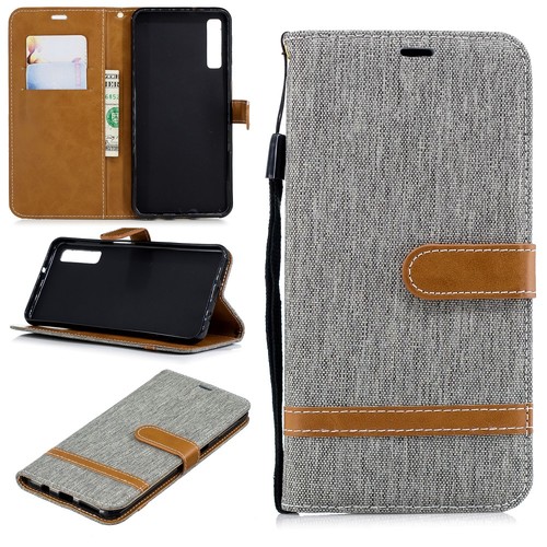 Tasche f�r Samsung Galaxy A7 2018 Jeans Cover Handy Schutz H�lle Case Grau