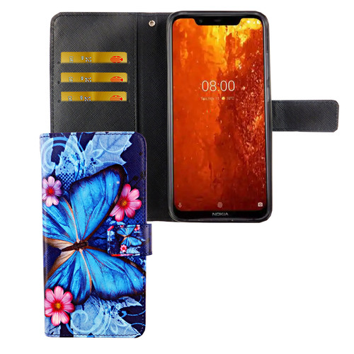 Nokia 8.1 / Nokia X7 Tasche Handy H�lle Schutz-Cover Flip-Case mit Kartenfach Blauer Schmetterling