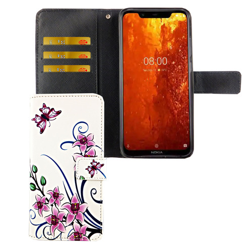 Nokia 8.1 / Nokia X7 Tasche Handy H�lle Schutz-Cover Flip-Case mit Kartenfach Lotusblume
