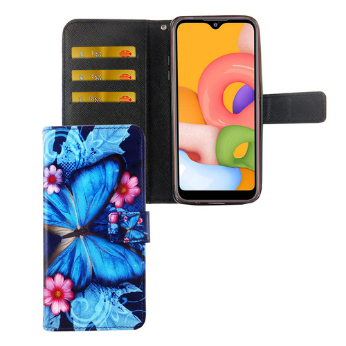 Samsung Galaxy A01 Tasche Handy H�lle Schutz-Cover Flip-Case mit Kartenfach Blauer Schmetterling
