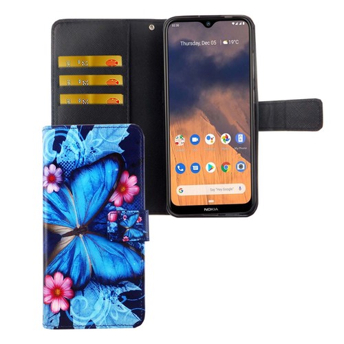 Nokia 2.3 Tasche Handy H�lle Schutz-Cover Flip-Case mit Kartenfach Blauer Schmetterling