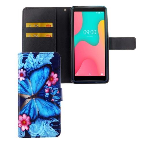Wiko Y60 Tasche Handy H�lle Schutz-Cover Flip-Case mit Kartenfach Blauer Schmetterling