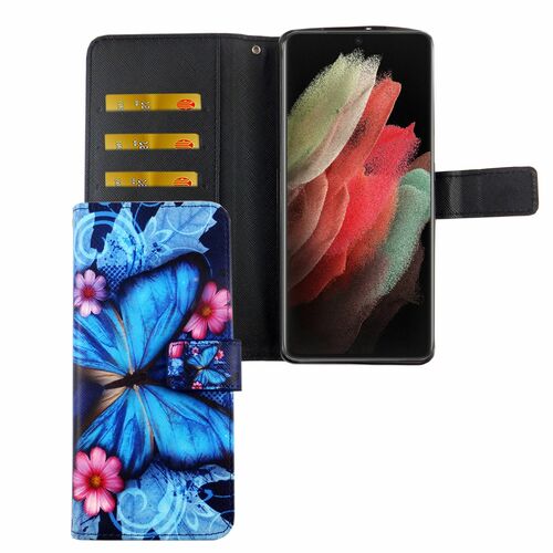 Samsung Galaxy S21 Ultra Tasche Handy H�lle Schutz-Cover Flip-Case mit Kartenfach Blauer Schmetterling