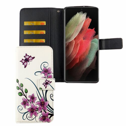 Samsung Galaxy S21 Ultra Tasche Handy H�lle Schutz-Cover Flip-Case mit Kartenfach Lotusblume