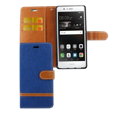 Tasche f�r Huawei P9 Lite Jeans Cover Handy Schutz H�lle Case Blau