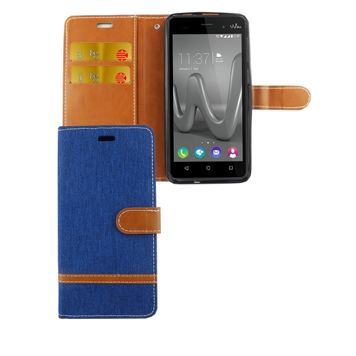 Tasche f�r Wiko Lenny 3 Max Jeans Cover Handy Schutz H�lle Case Blau
