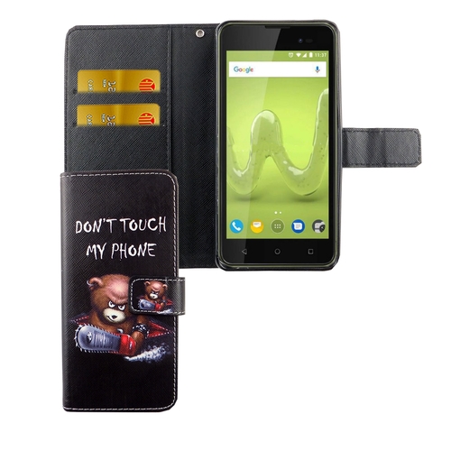 Handyh�lle Tasche f�r Handy Wiko Sunny 2 Plus Schriftzug B�r mit Kettens�ge