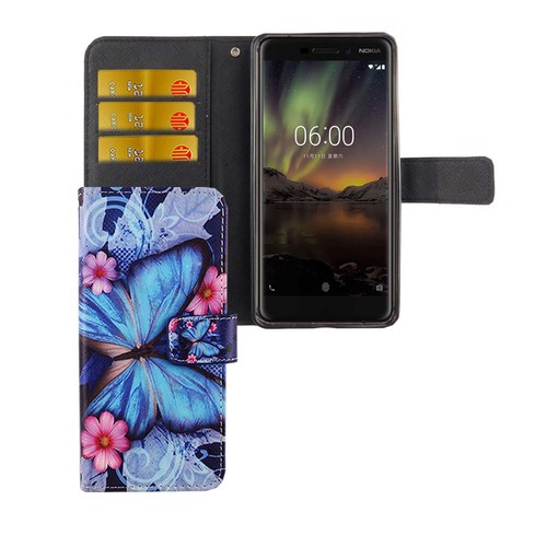 Handyh�lle Tasche f�r Handy Nokia 6 2018 Blauer Schmetterling