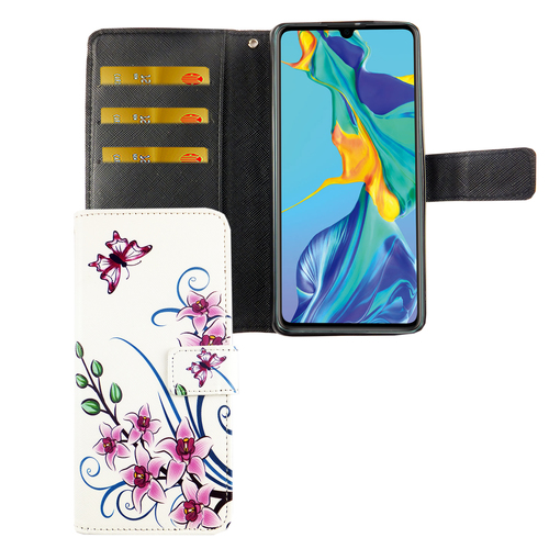 Huawei P30 Tasche Handy H�lle Schutz-Cover Flip-Case mit Kartenfach Lotusblume
