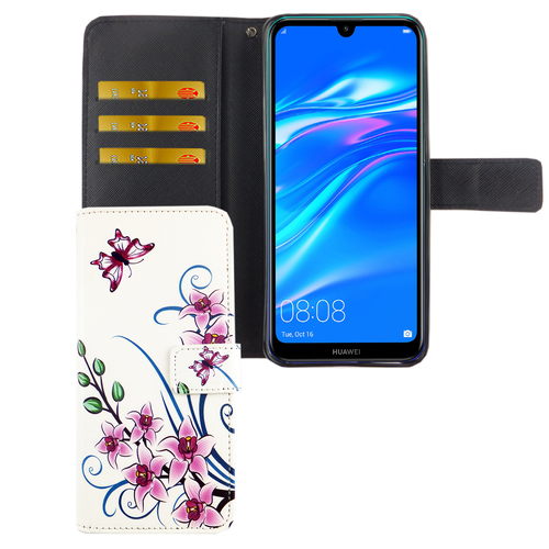 Huawei Y7 2019 Tasche Handy H�lle Schutz-Cover Flip-Case mit Kartenfach Lotusblume